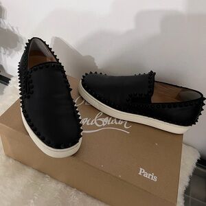 Christian Louboutin Black Studded Slip-On Loafers with White Soles